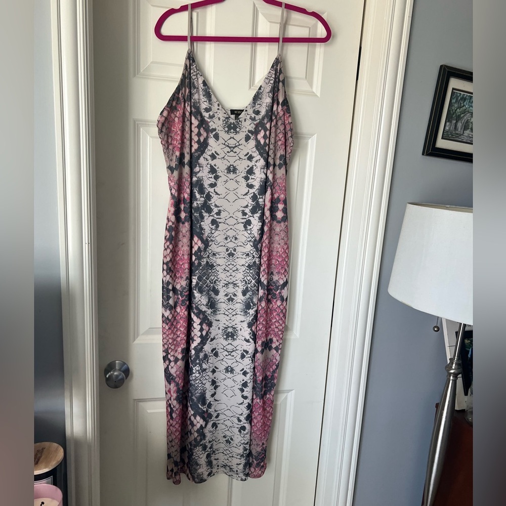 AFRM Pink and Gray Snake-Print Maxi Slip Dress